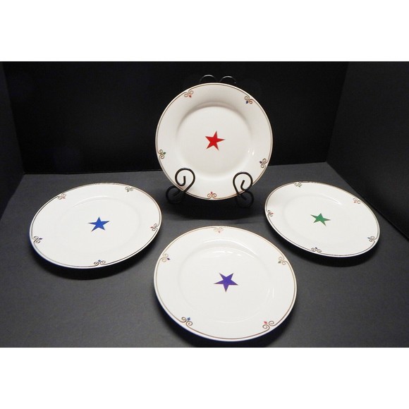 Pier 1 Imports Celebration Salad Plate Red Blue Green Purple Stars Set of 4 - Picture 1 of 14